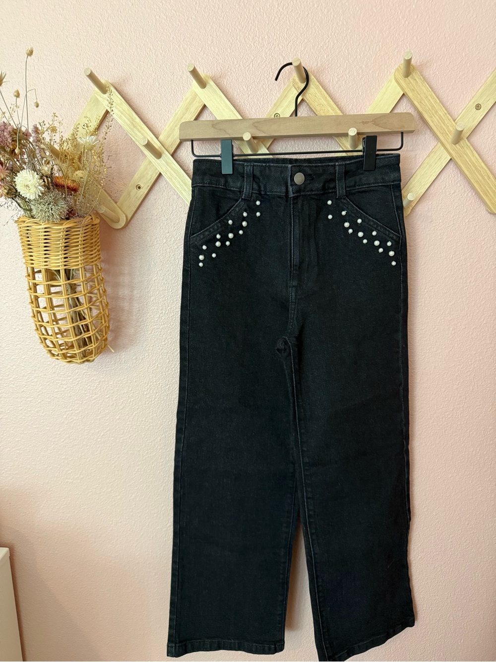 Nordstrom Girls Black High-Waist Pearl-Accent Jeans
